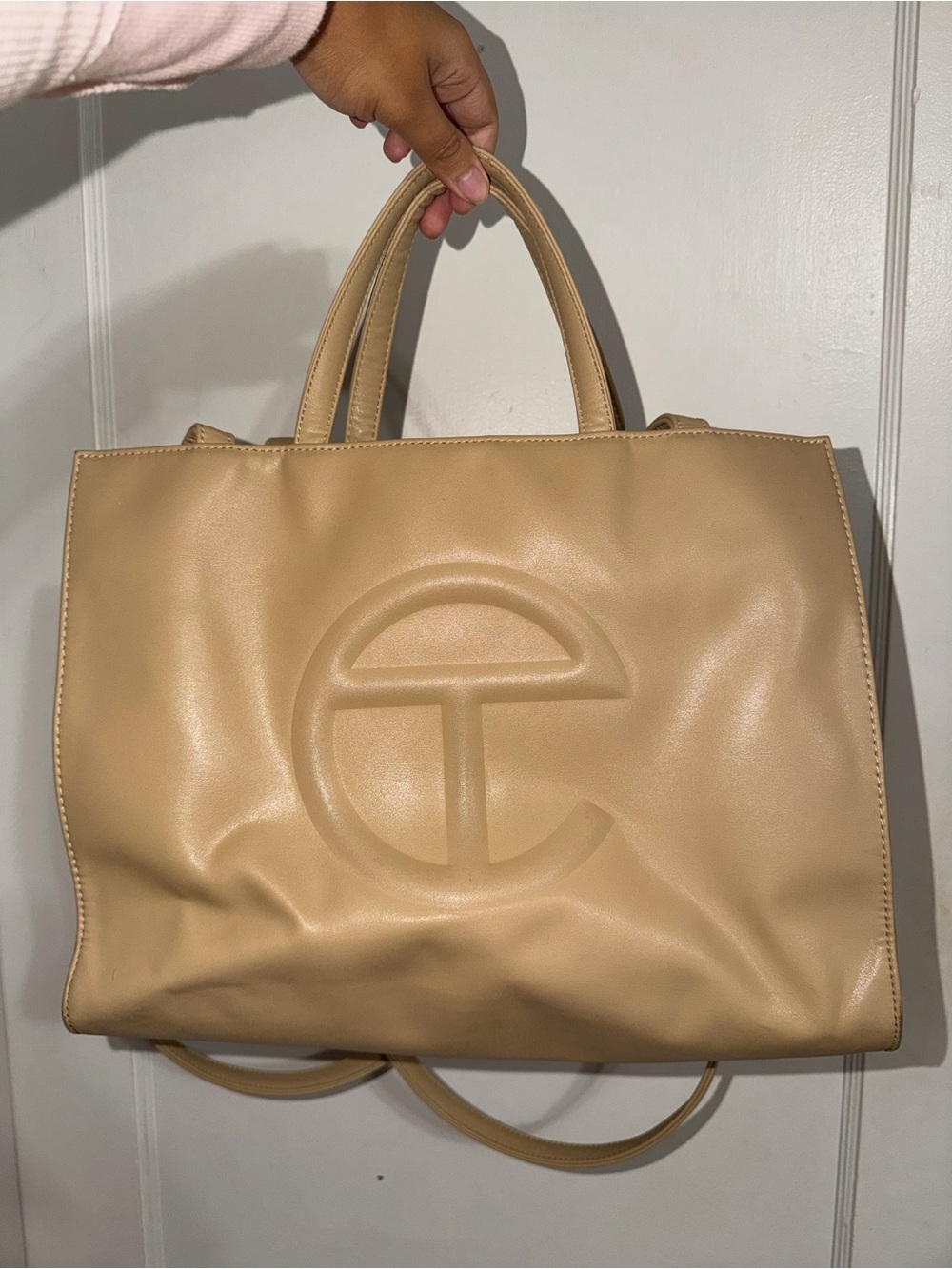 Tan Telfar Leather Tote Bag with Embossed Logo